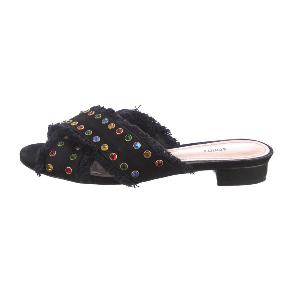 SCHUTZ Suede Crystal Embellishments Crossover Slides